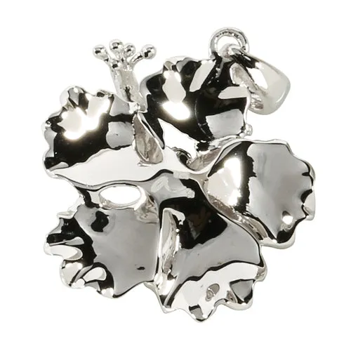 Sterling Silver Rhodium High Polish Hibiscus Pendant(M) (Chain Sold Separately)