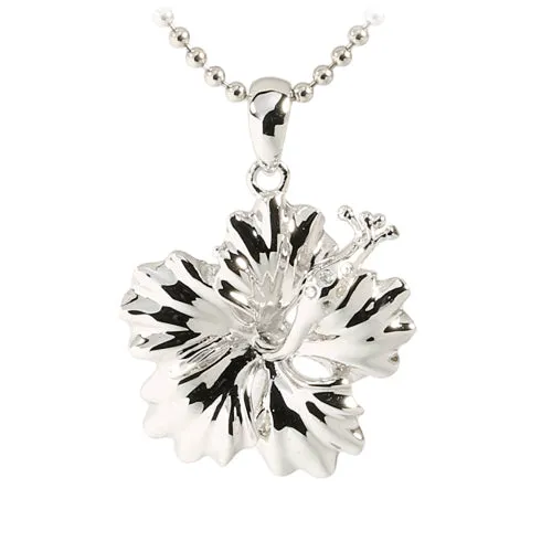 Sterling Silver Rhodium High Polish Hibiscus Pendant(M) (Chain Sold Separately)