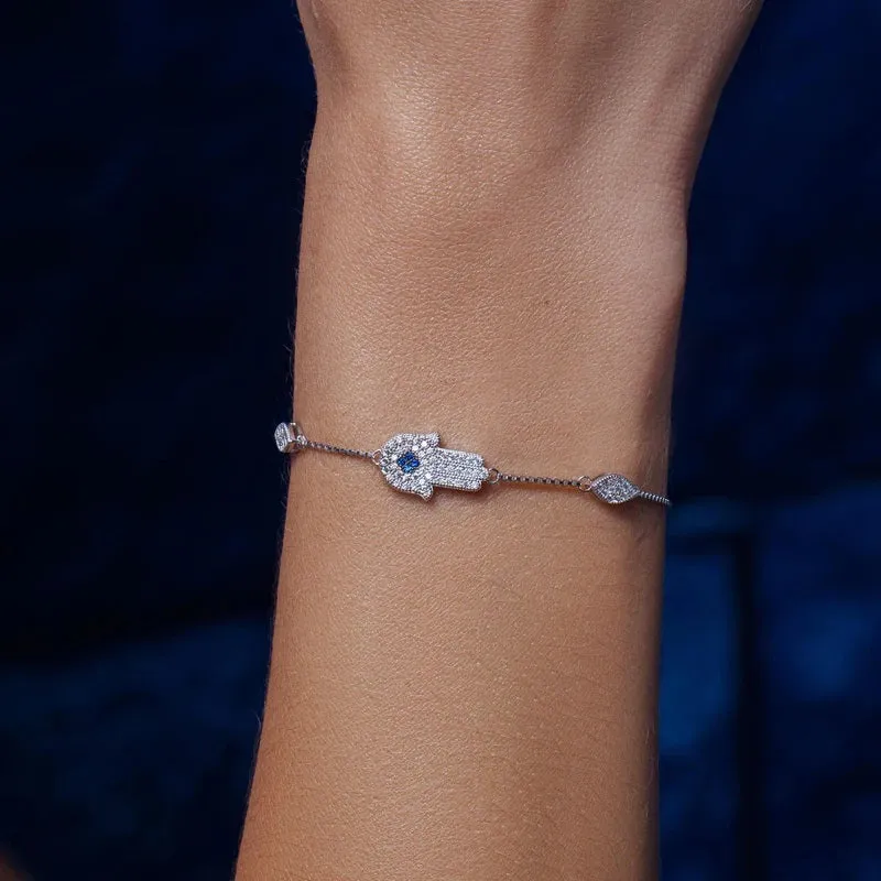Sterling Silver Rhodium Plated CZ Hamsa Hand Lariat Bracelet