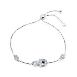 Sterling Silver Rhodium Plated CZ Hamsa Hand Lariat Bracelet