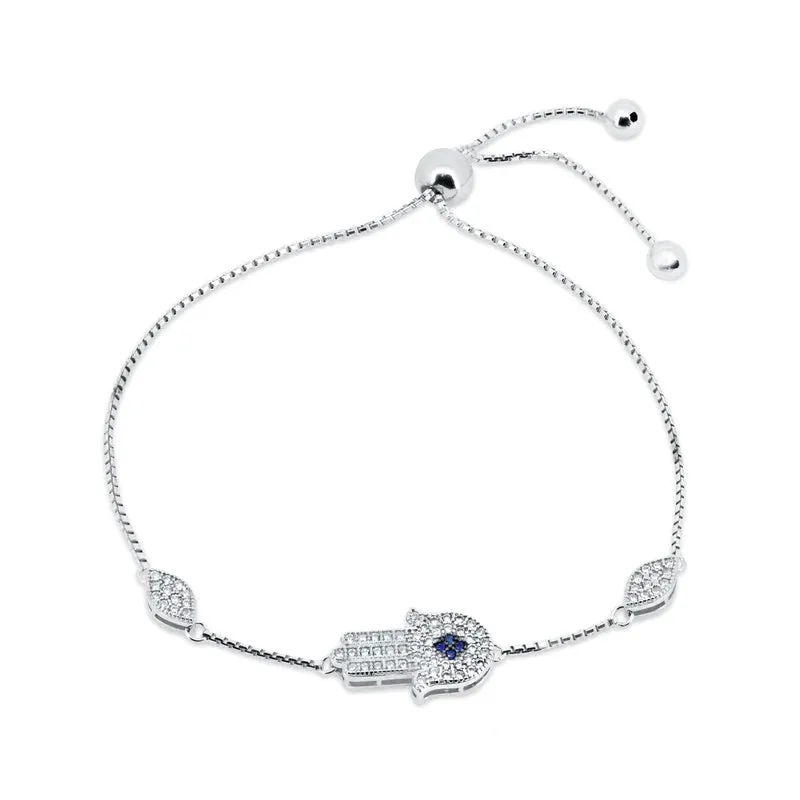 Sterling Silver Rhodium Plated CZ Hamsa Hand Lariat Bracelet