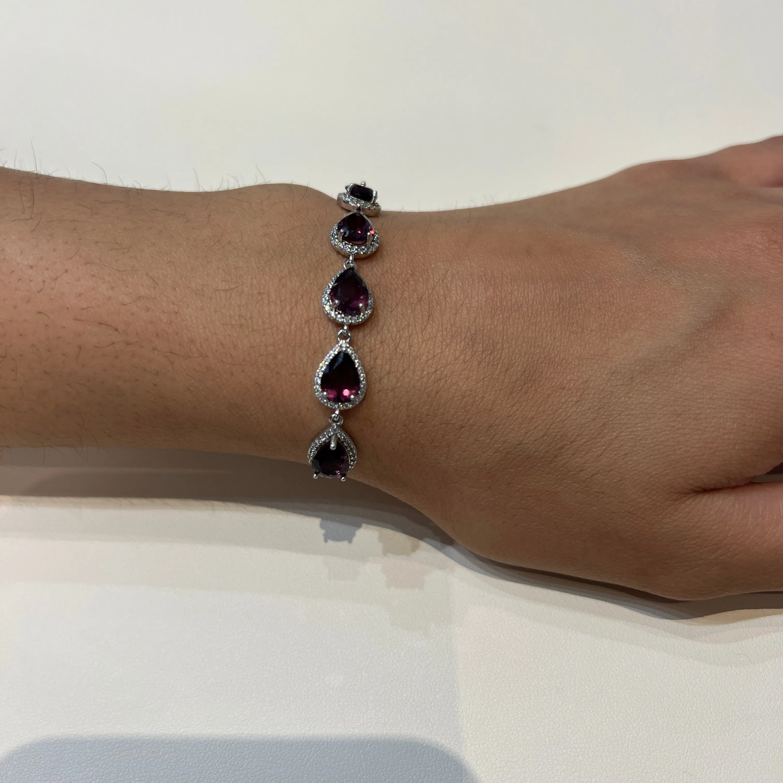 Sterling Silver Rhodium Plated Red and Clear CZ Bolo Bracelet
