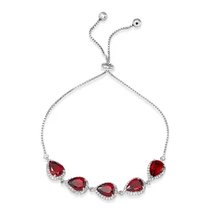 Sterling Silver Rhodium Plated Red and Clear CZ Bolo Bracelet
