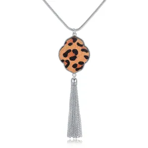 Tan & Platinum Leopard Lattice Tassel Pendant Necklace