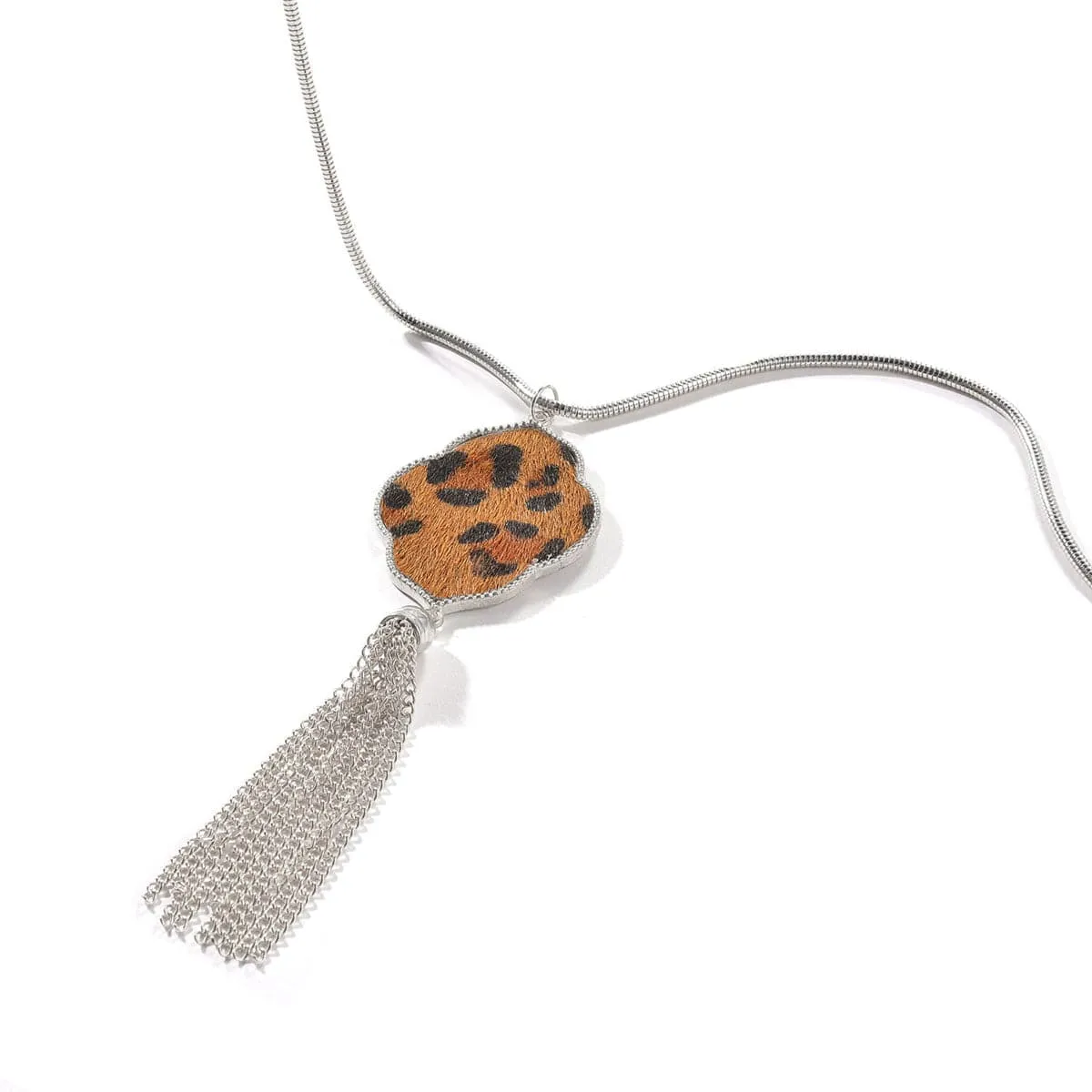 Tan & Platinum Leopard Lattice Tassel Pendant Necklace