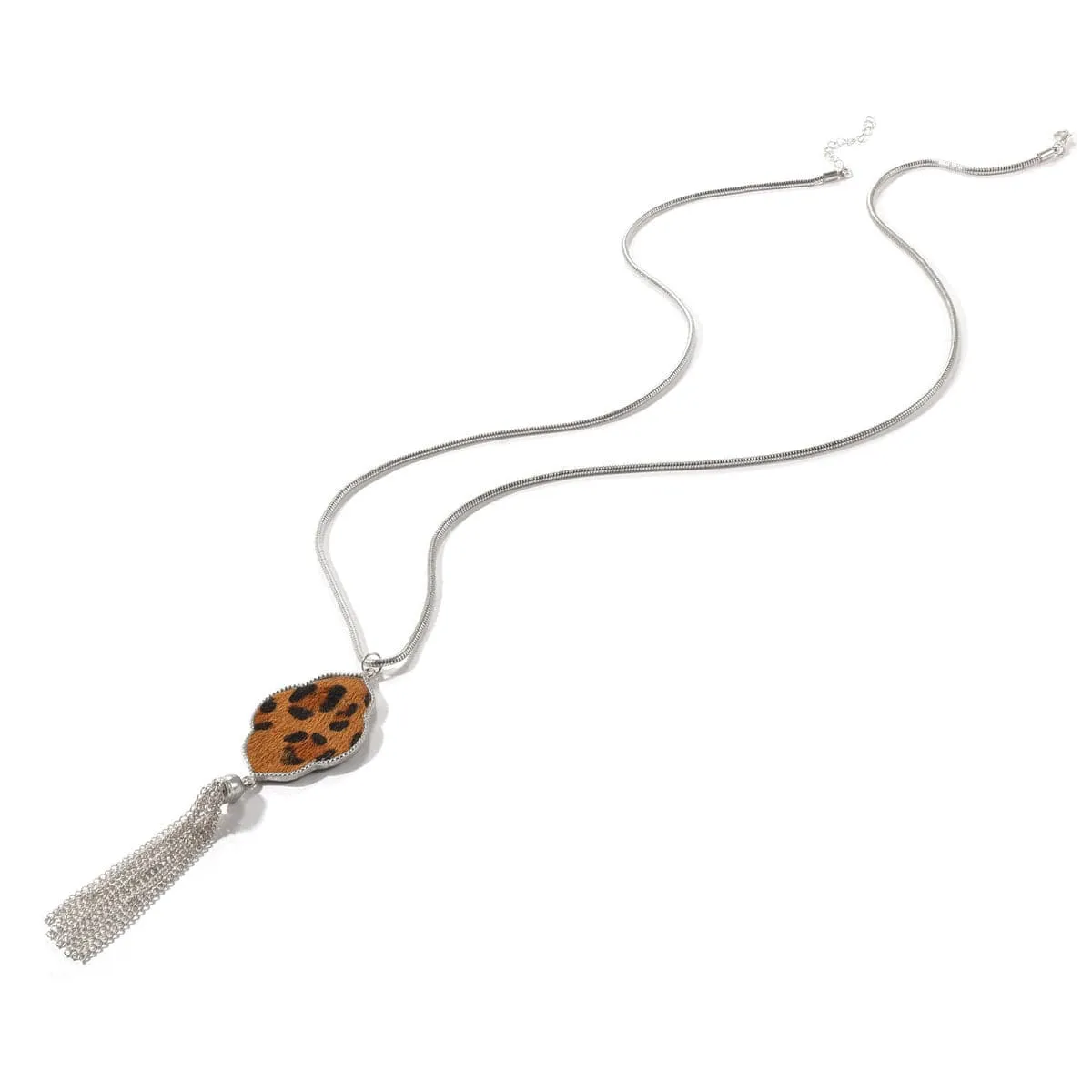 Tan & Platinum Leopard Lattice Tassel Pendant Necklace