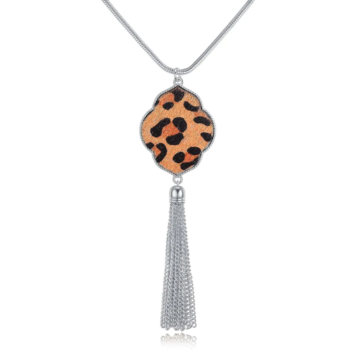 Tan & Platinum Leopard Lattice Tassel Pendant Necklace