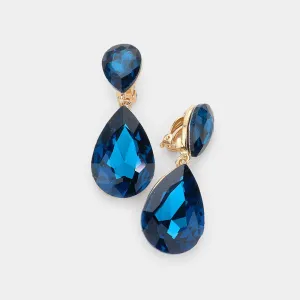 Teal Crystal Double Teardrop Clip on Dangle Earrings  | Pageant Earrings | 535181