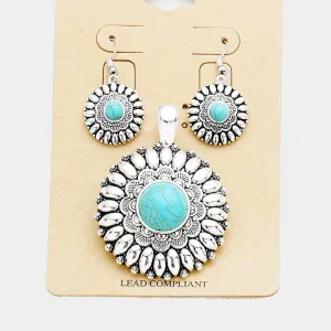 Turquoise (faux) Round Pendant Necklace & Earring Set