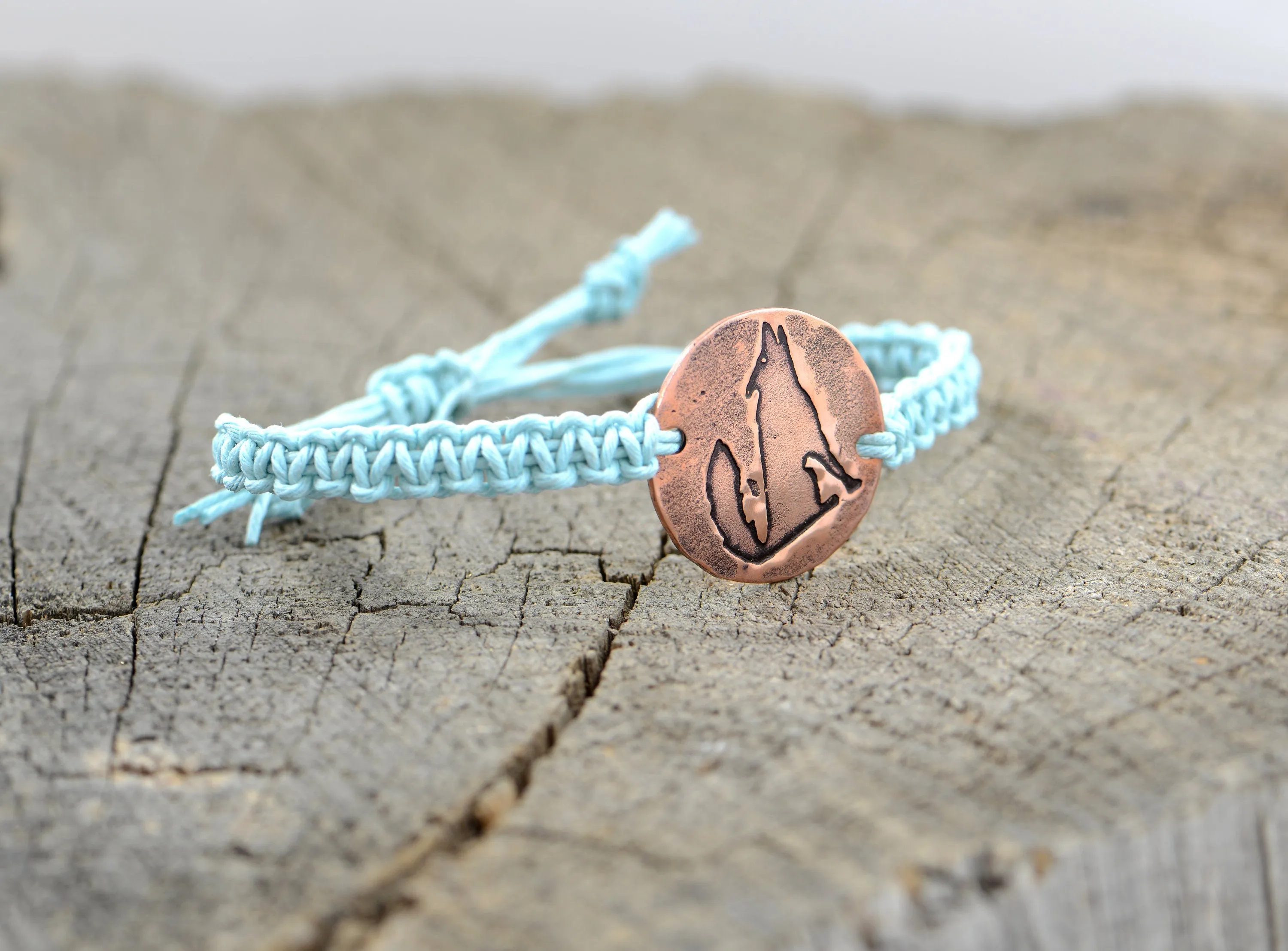 Turquoise Hemp with Howling Wolf on Copper Disc Bracelet or Anklet