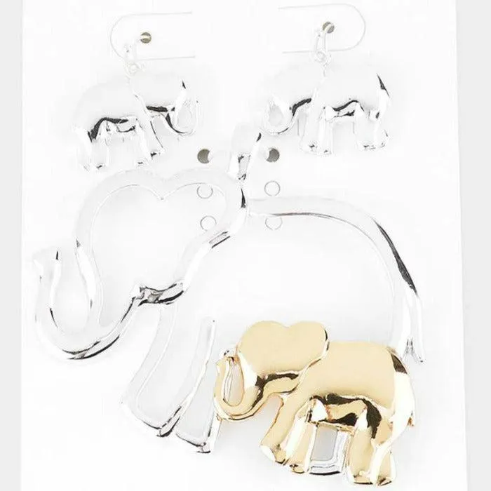 Two Tone Metal Elephant Pendant Set