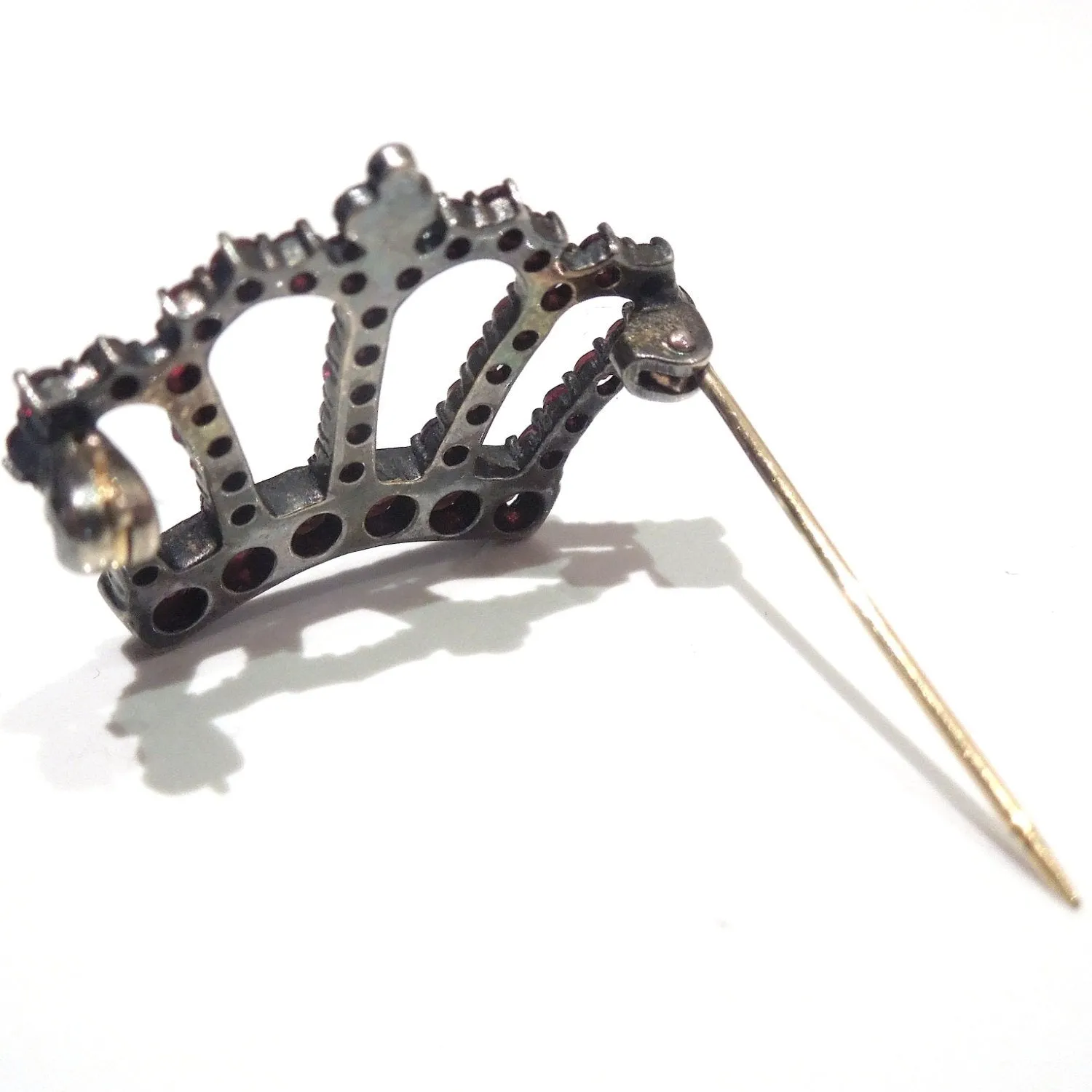 Victorian Bohemian Sterling and Gold Garnet Crown Pin
