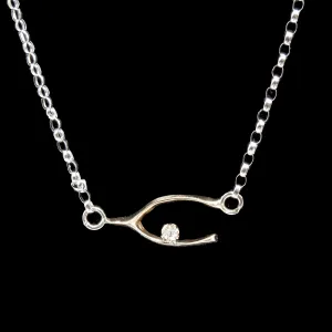 Victorian Yellow Gold Wishbone Pendant with Mine Cut Diamond Necklace