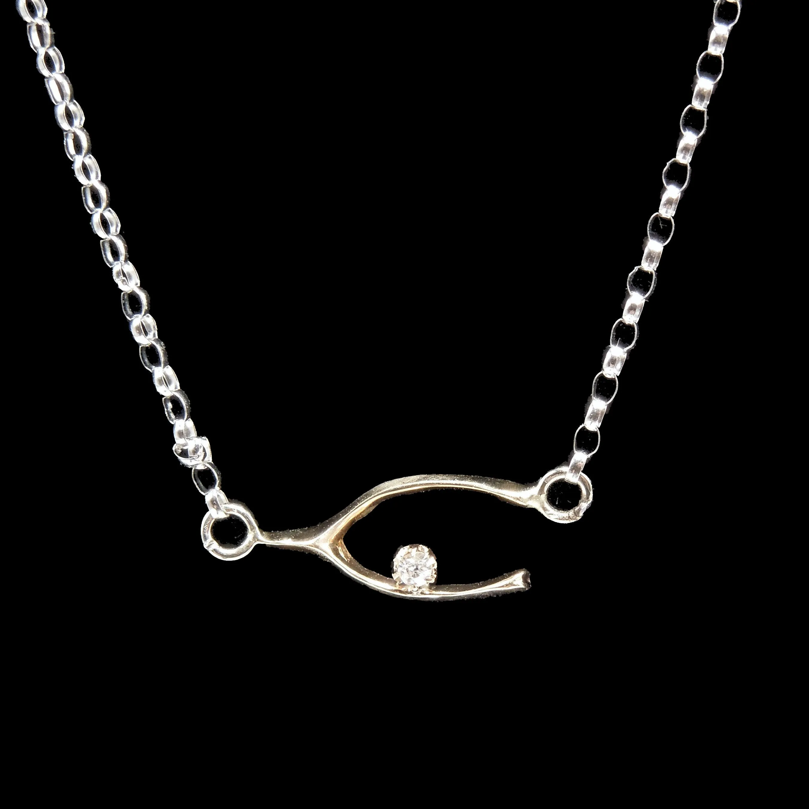 Victorian Yellow Gold Wishbone Pendant with Mine Cut Diamond Necklace