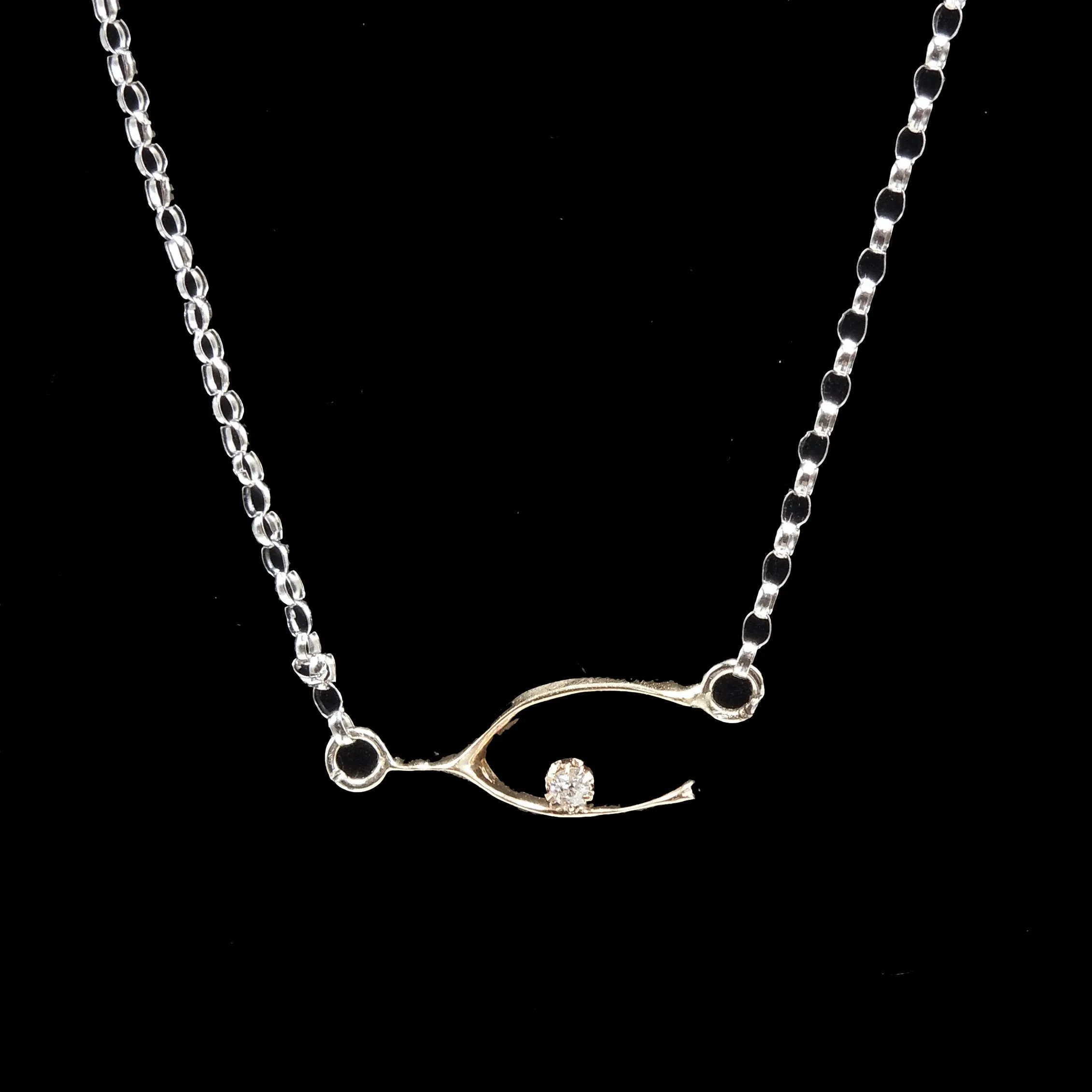 Victorian Yellow Gold Wishbone Pendant with Mine Cut Diamond Necklace