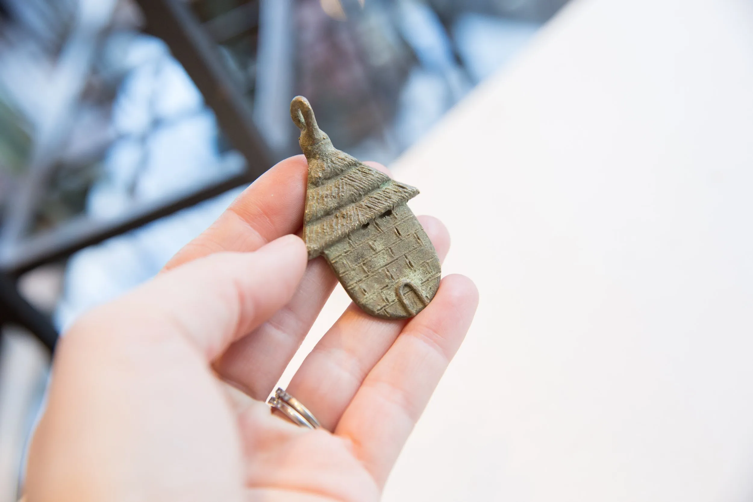 Vintage African Bronze Hut Brick Design with Door Pendant