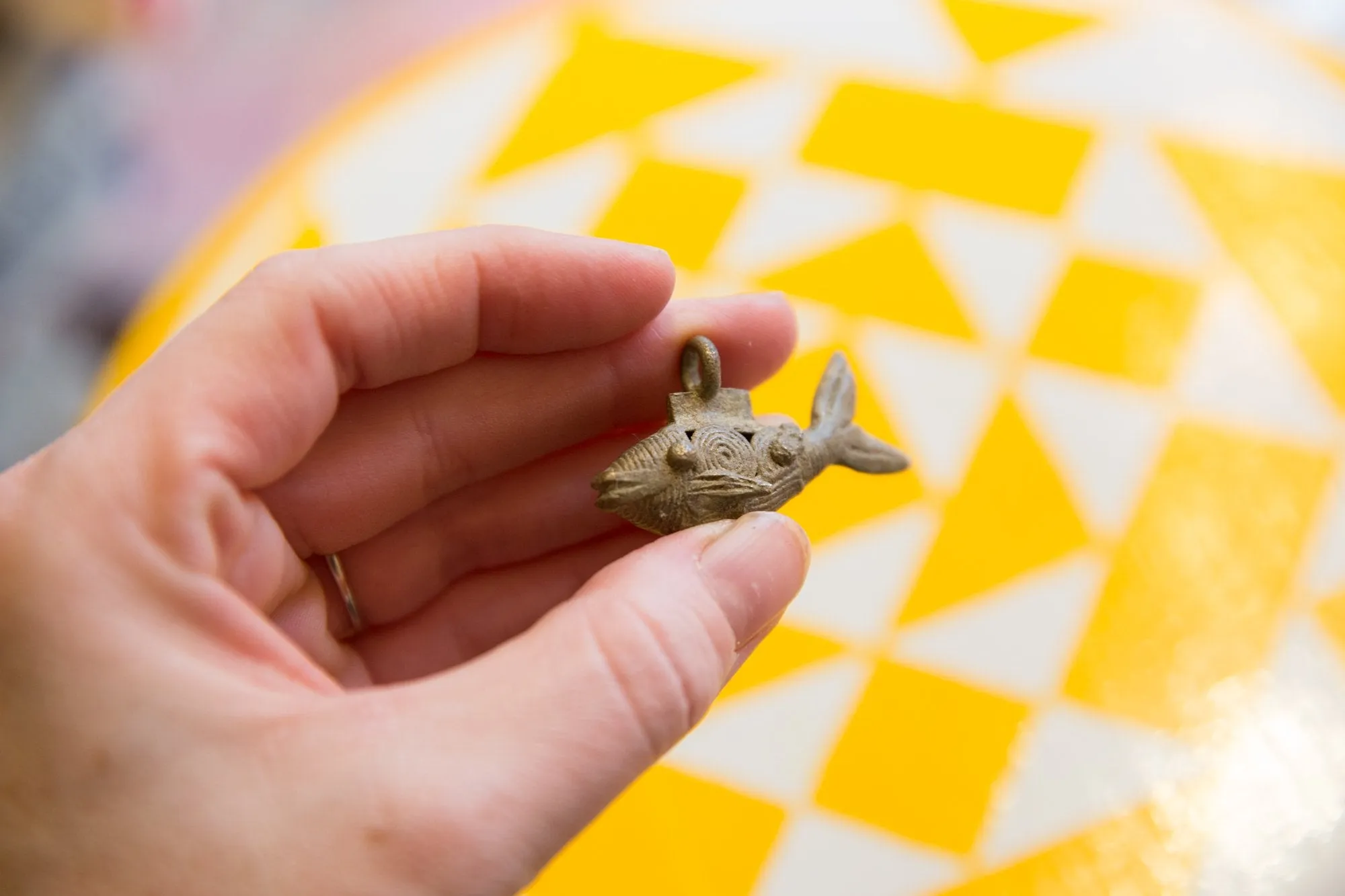 Vintage African Oxidized Bronze Wire Design Fish Pendant