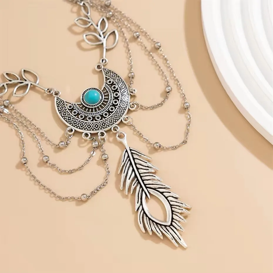Vintage Boho Feather Leaves Tassel Arm Bracelet