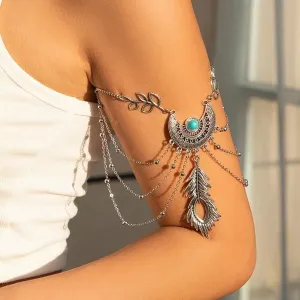 Vintage Boho Feather Leaves Tassel Arm Bracelet