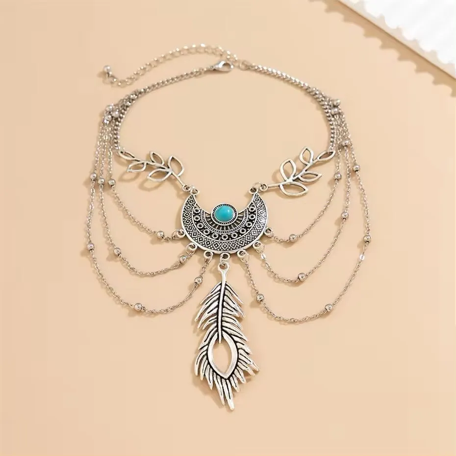 Vintage Boho Feather Leaves Tassel Arm Bracelet