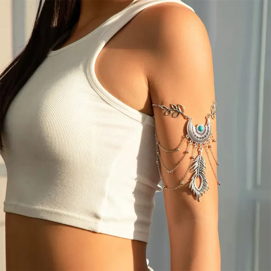 Vintage Boho Feather Leaves Tassel Arm Bracelet