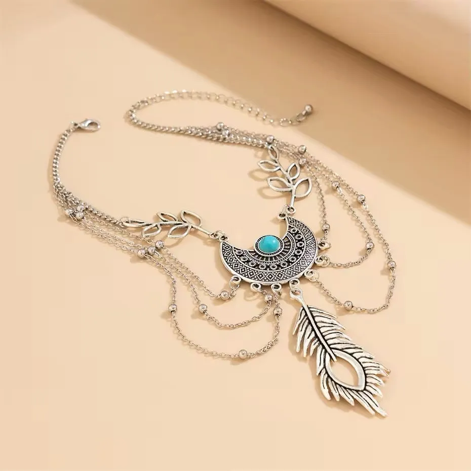 Vintage Boho Feather Leaves Tassel Arm Bracelet