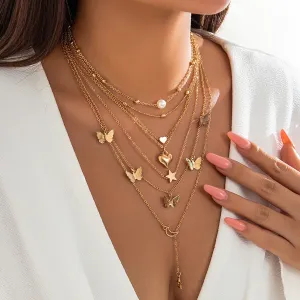 Vintage Butterfly Heart Moon Pendant Necklace