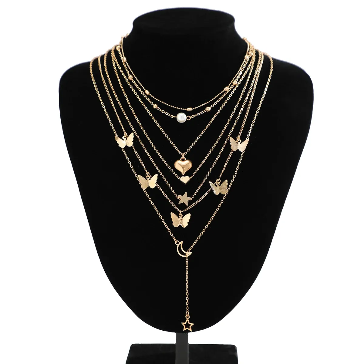 Vintage Butterfly Heart Moon Pendant Necklace