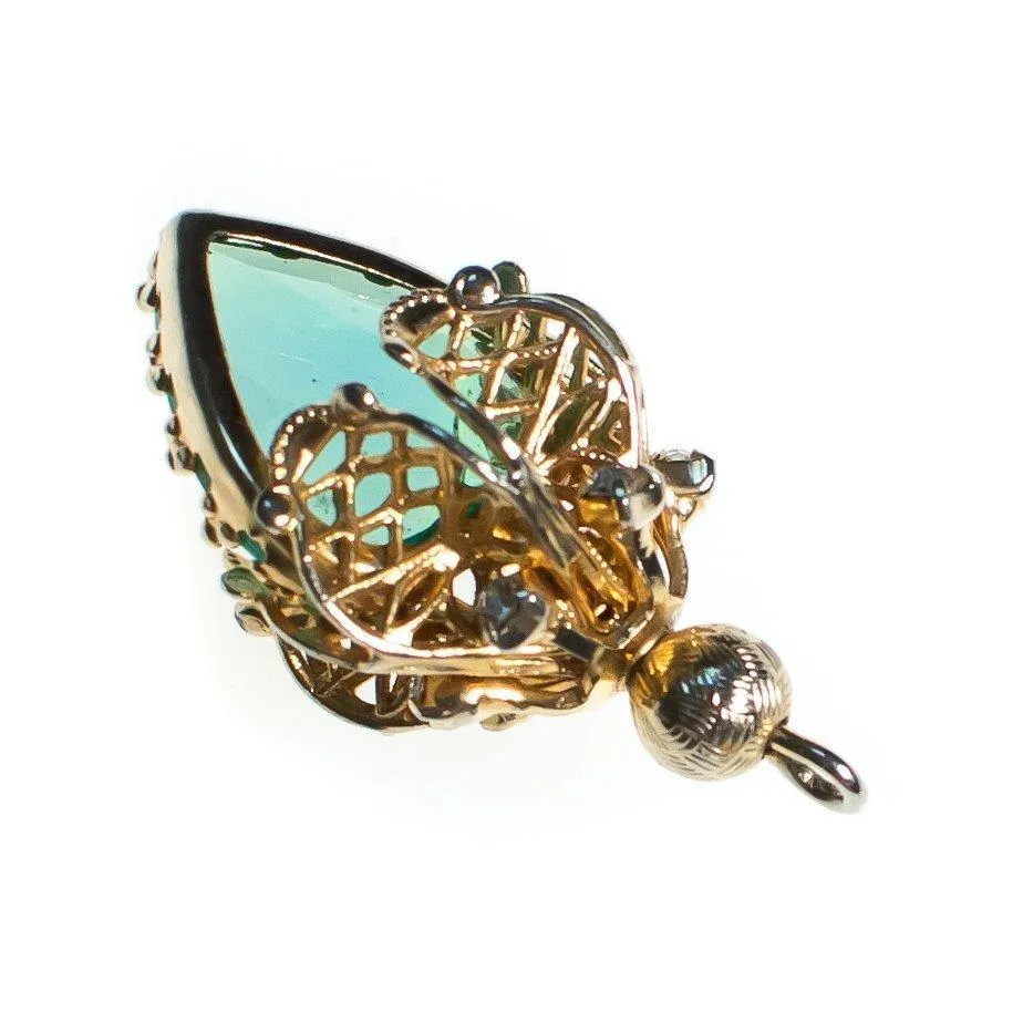 Vintage Light Aqua Crystal Gold Filigree Capped Pendant, Gold Tone Setting, Rhinestones