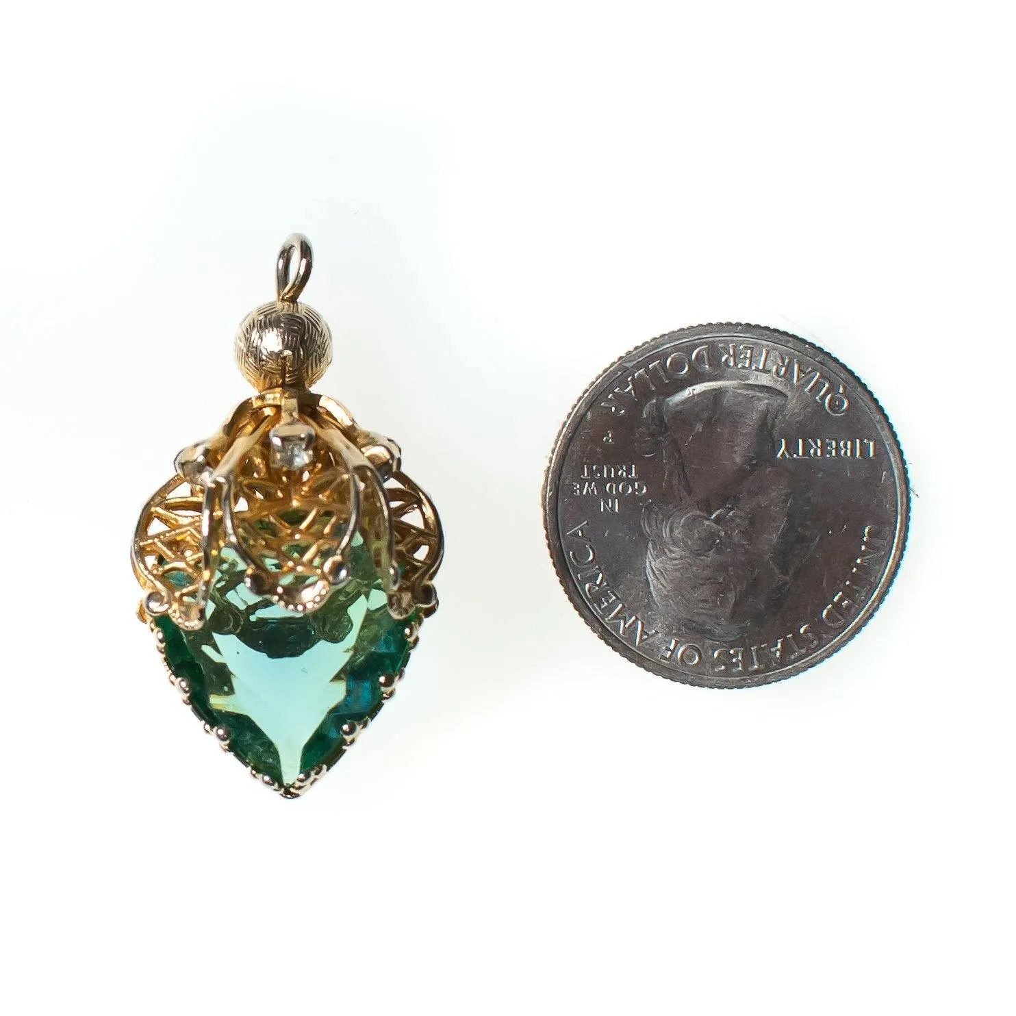 Vintage Light Aqua Crystal Gold Filigree Capped Pendant, Gold Tone Setting, Rhinestones