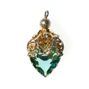 Vintage Light Aqua Crystal Gold Filigree Capped Pendant, Gold Tone Setting, Rhinestones