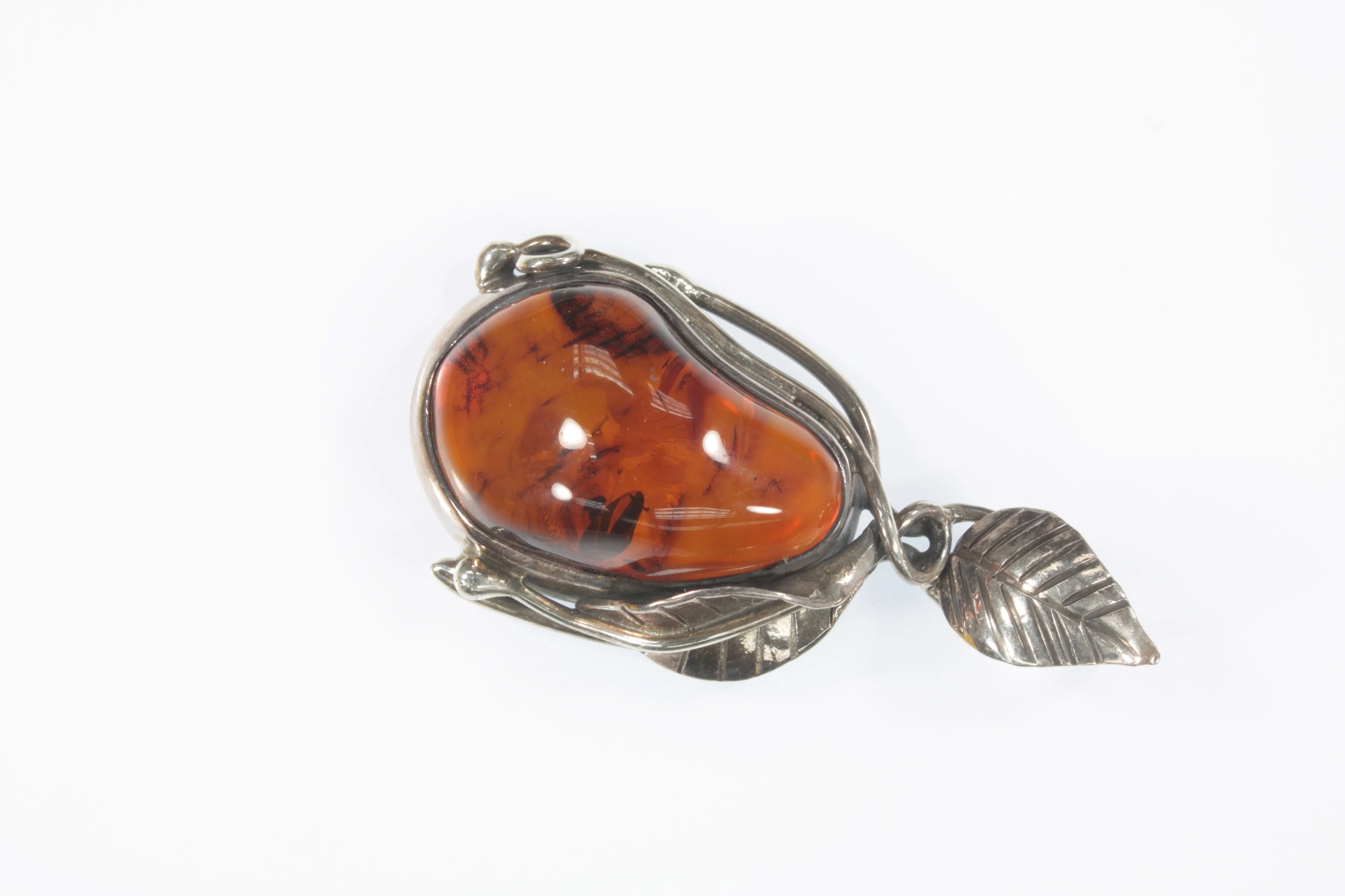 Vintage Sterling Silver Amber and leaves Pendant 16.4g