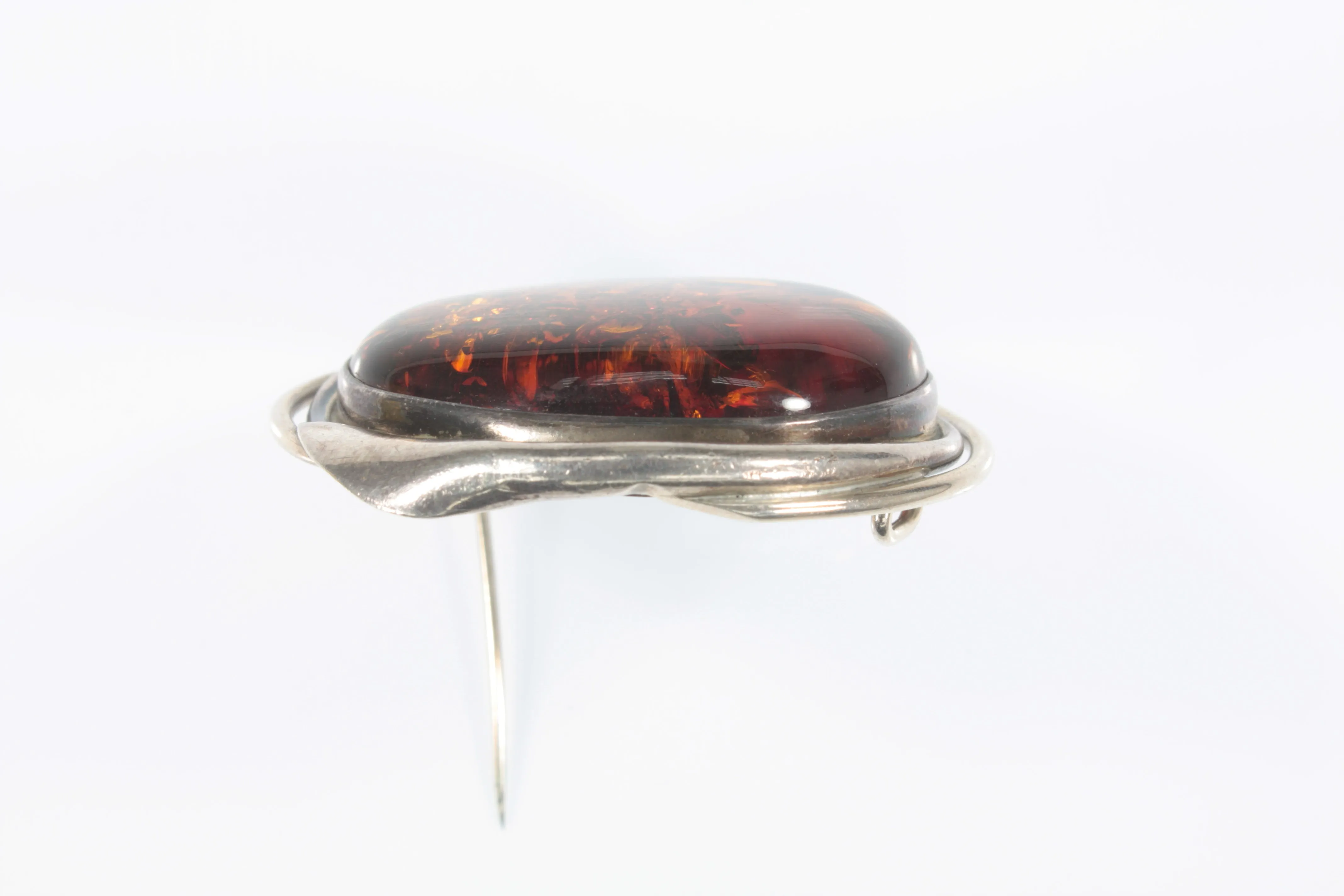 Vintage Sterling Silver Amber Brooch Pin 18.1g