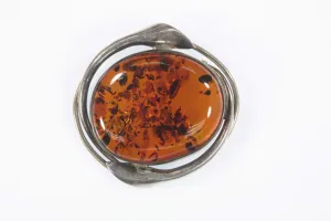 Vintage Sterling Silver Amber Brooch Pin 18.1g