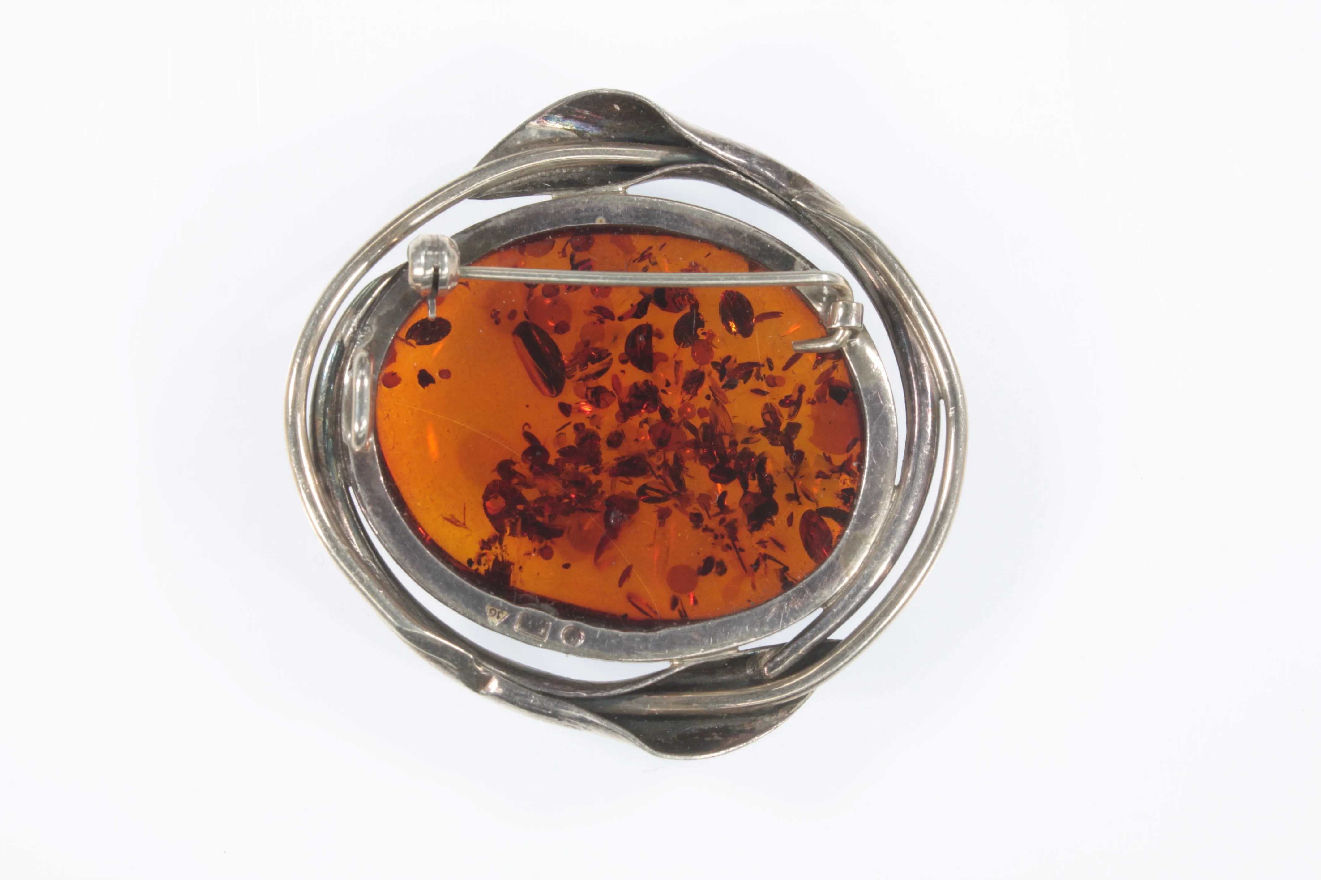 Vintage Sterling Silver Amber Brooch Pin 18.1g