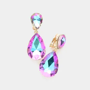 Violet Crystal Double Teardrop Clip on Dangle Earrings  | Pageant Earrings | 583428