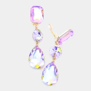 Violet Crystal Triple Drop Geometric Shape Clip On Pageant Earrings | Prom Earrings | 556766