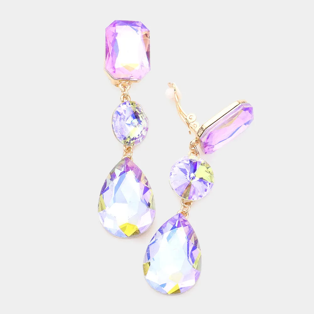 Violet Crystal Triple Drop Geometric Shape Clip On Pageant Earrings | Prom Earrings | 556766