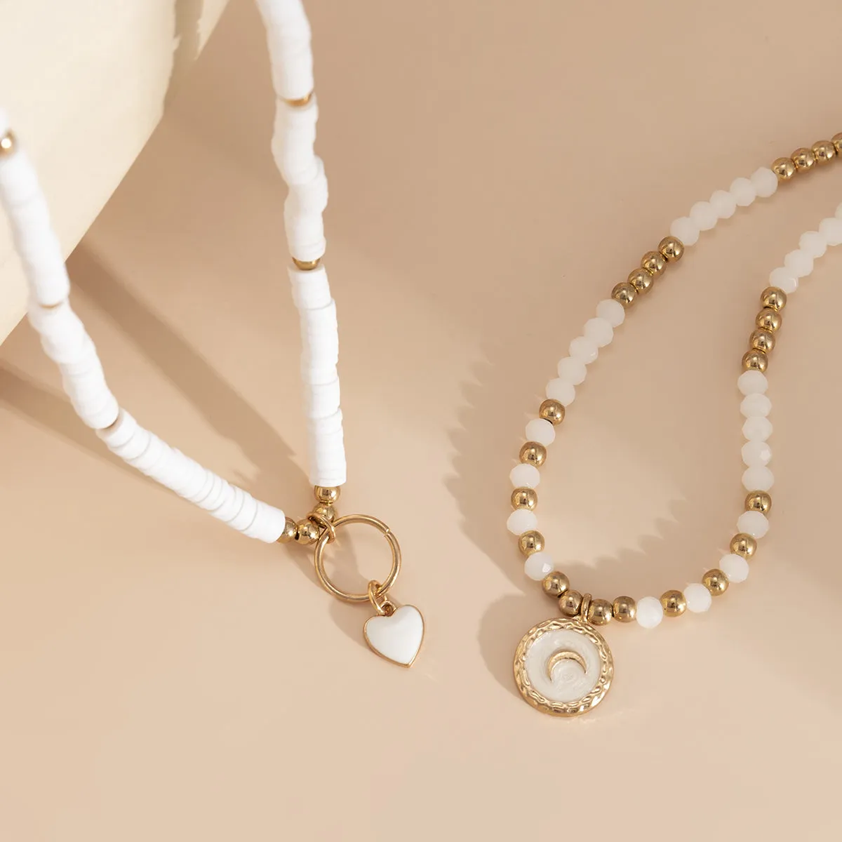 White Polymer Clay & Enamel 18K Gold-Plated Heart Pendant Necklace Set