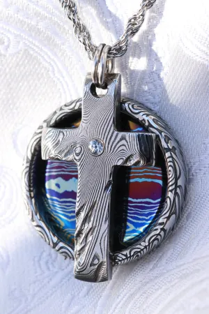 White sapphire and Timascus pendant, damasteel cross necklace pendant