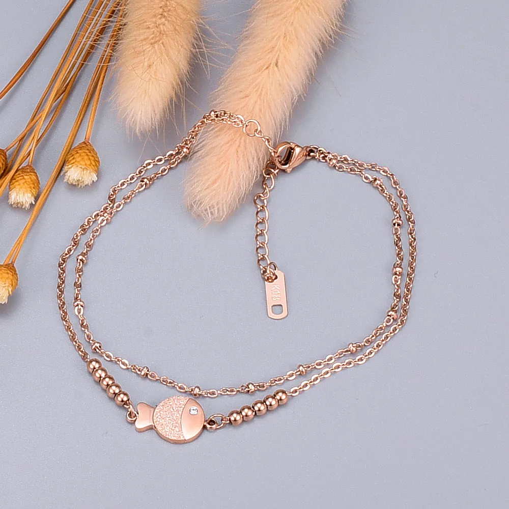 Wholesale Titanium Steel Plated 18K Rose Gold Kiss Fish Anklet JDC-AS-YS003