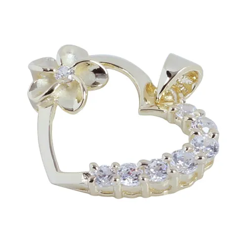 Yellow Gold Plated Sterling Silver Heart with Side Plumeria & CZ Pendant (Chain Sold Separately)