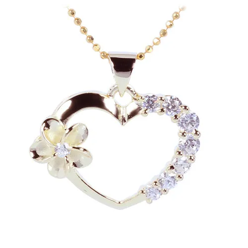 Yellow Gold Plated Sterling Silver Heart with Side Plumeria & CZ Pendant (Chain Sold Separately)