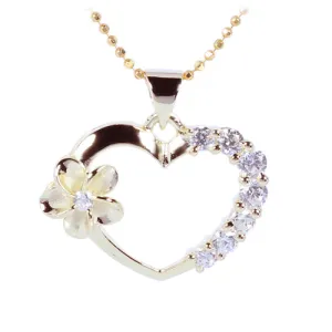 Yellow Gold Plated Sterling Silver Heart with Side Plumeria & CZ Pendant (Chain Sold Separately)