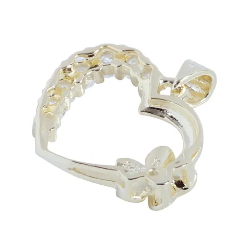 Yellow Gold Plated Sterling Silver Heart with Side Plumeria & CZ Pendant (Chain Sold Separately)