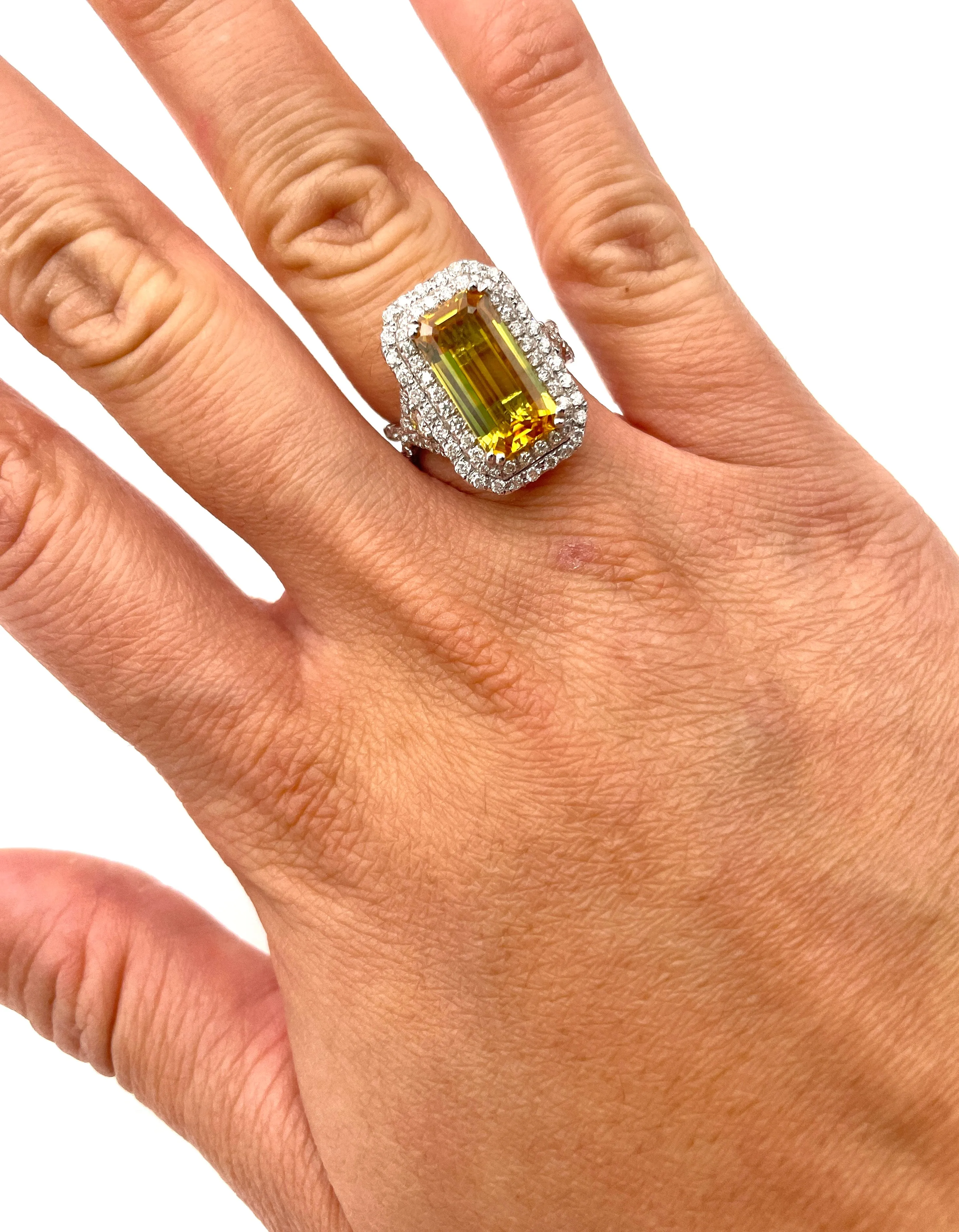 Yellow Sapphire & Diamond Master Piece Ladies Ring, 14 Karat White Gold