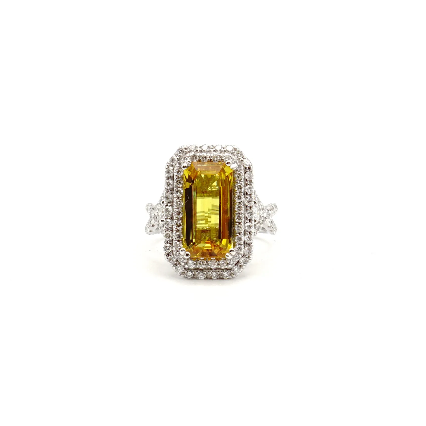 Yellow Sapphire & Diamond Master Piece Ladies Ring, 14 Karat White Gold